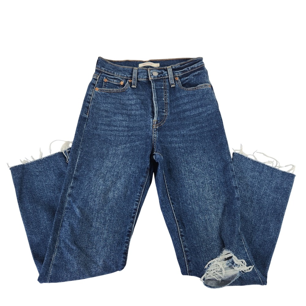 Levis Wedgie Straight Jeans Womens 26 Blue Distressed Raw‎ Hem 34964-0133